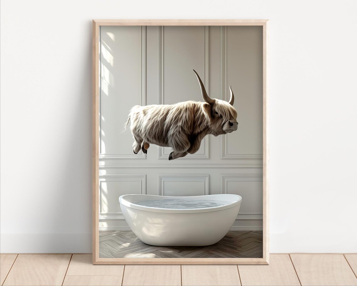 Very Funny Highland Cow Cannonballing Into White Bathtub Poster