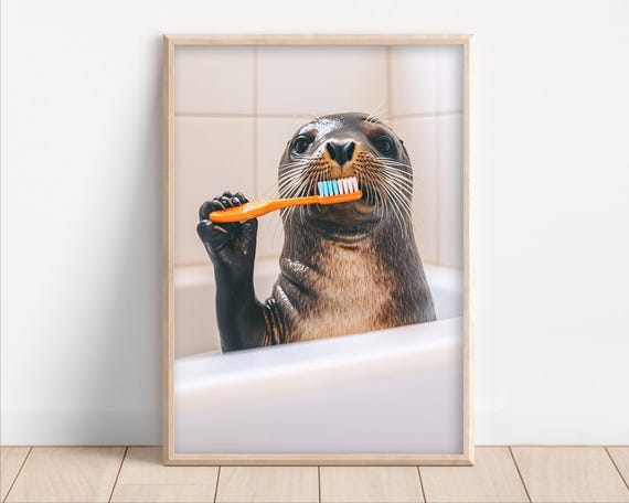 Seal Brushing Teeth Poster Or Canvas Funny Bathroom Wall Art Kids Laundry Room Decor Quirky Animal Humor Photo Cute Print