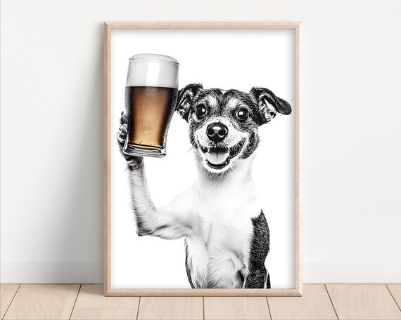 Jack Russell Terrier Drinking Beer Poster Or Canvas Lover Decor Alcohol Humor Funny Kitchen Wall Art Dog Owner Gift Home Bar