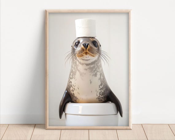 Seal With Toilet Paper On Poster Canvas Funny Bathroom Wall Art Cute Kids Laundry Room Decor Quirky Animal Humor Photo Print