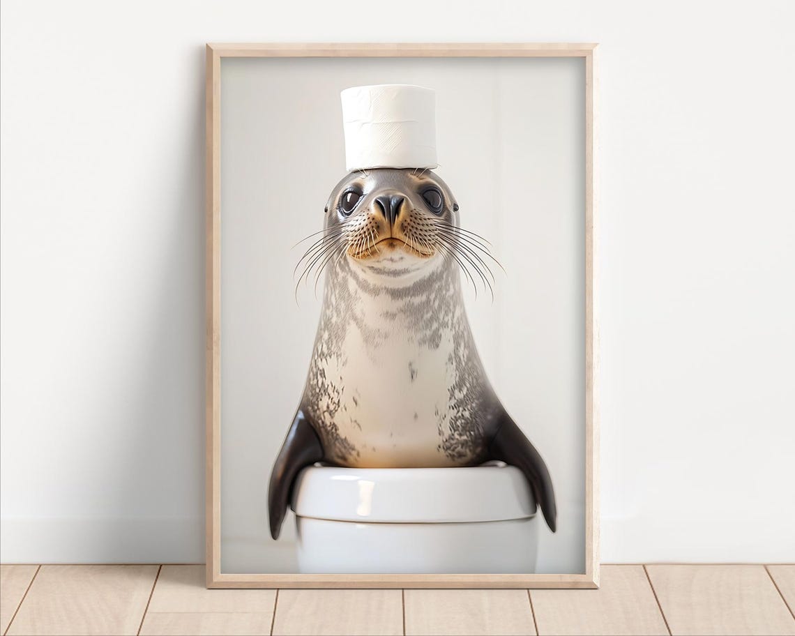 Cute Seal On Toilet With Toilet Paper Hat Funny Bathroom Poster