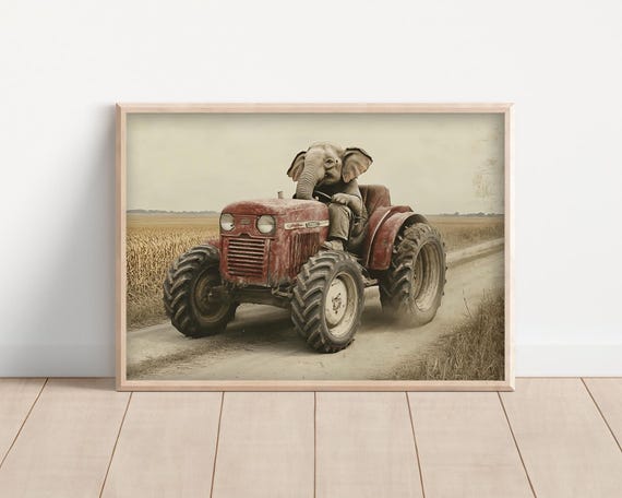 Elephant Driving A Tractor Poster Canvas Funny Farm Animal Wall Art Vintage Style Retro Print Kids Nursery Room Cute Rustic Farmhouse