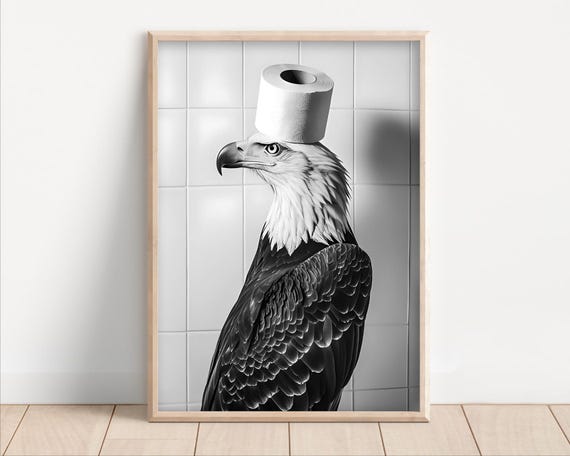 Eagle With Toilet Paper On Poster Or Canvas Funny Bathroom Wall Art Kids Laundry Room Decor Animal Humor Photo Cute Print