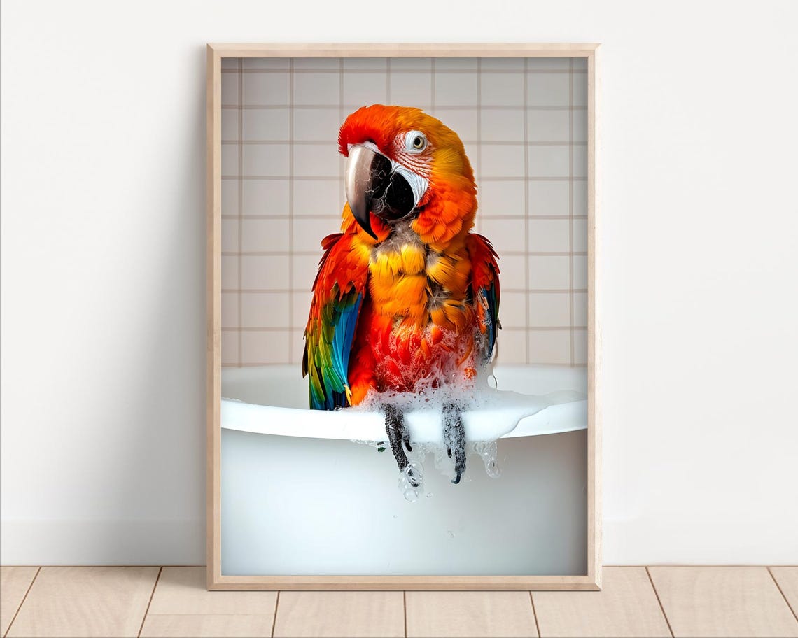 Colorful Parrot Taking a Relaxing Bubble Bath Quirky Animal Poster