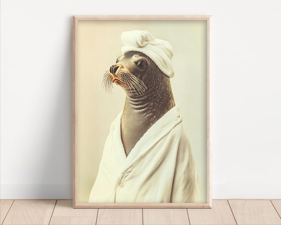 Chic Seal In Bathrobe Towel Wrap Funny Vintage Bathroom Poster