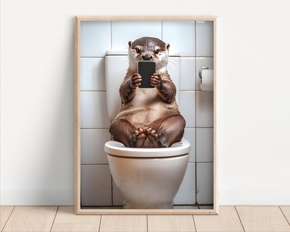 Otter Sitting On The Toilet Watching Phone Poster Or Canvas Funny Bathroom Wall Art Decor Vintage Style Animal Print Quirky Humor