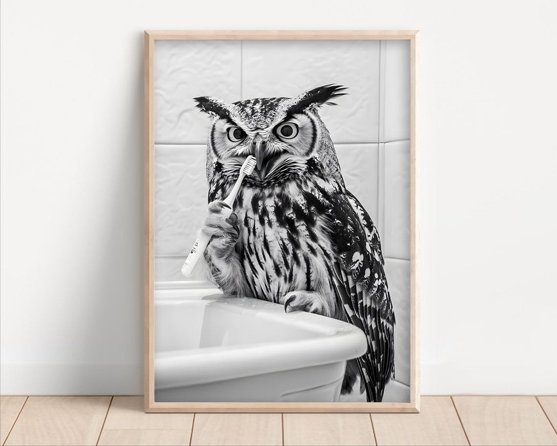 Funny Owl Brushing Teeth Over a Bathroom Sink Black and White Poster