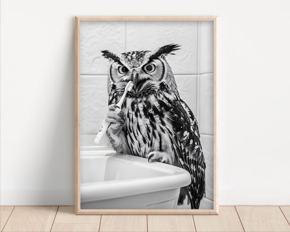 Owl Brushing Teeth Poster Or Canvas Funny Bathroom Wall Art Kids Laundry Room Decor Retro Animal Humor Cute Print