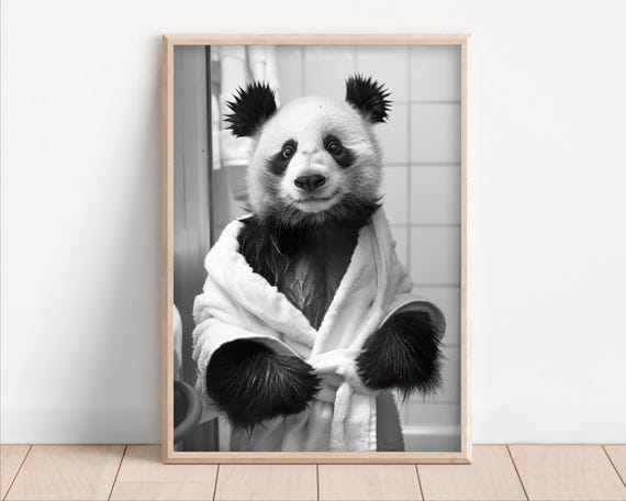 Panda Wearing A Bathrobe Poster Or Canvas Funny Bathroom Wall Art Cute Animals In Kids Laundry Room Decor Print