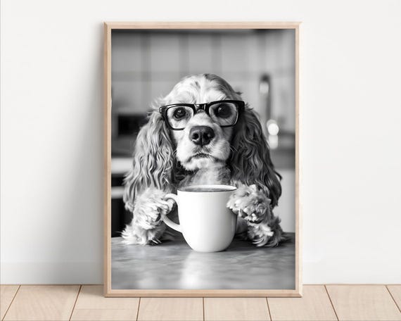 Cocker Spaniel Dog Drinking Coffee Wearing Glasses Poster Or Canvas Funny Kitchen Wall Art Lover Cute Animal Decor Lovers