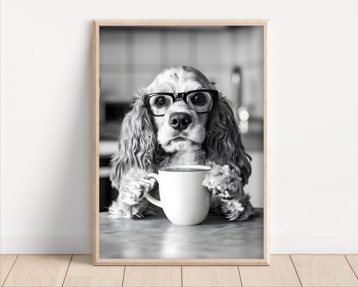 Cocker Spaniel Dog Drinking Coffee Wearing Glasses Poster Or Canvas Funny Kitchen Wall Art Lover Cute Animal Decor Lovers