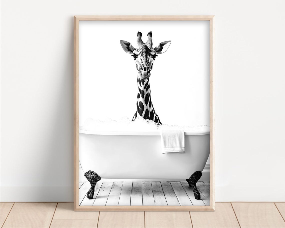 Giraffe Bubble Bath Clawfoot Tub Black White Funny Bathroom Poster