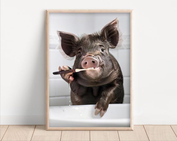 Funny Pig Brushing Teeth Bathroom Wall Art Poster Or Canvas Quirky Laundry Room Decor Dentist Animal Cute Print