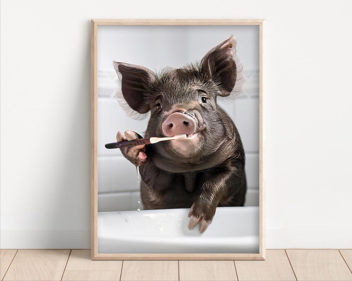 Funny Pig Brushing Its Teeth Over the Bathroom Sink Humor Poster