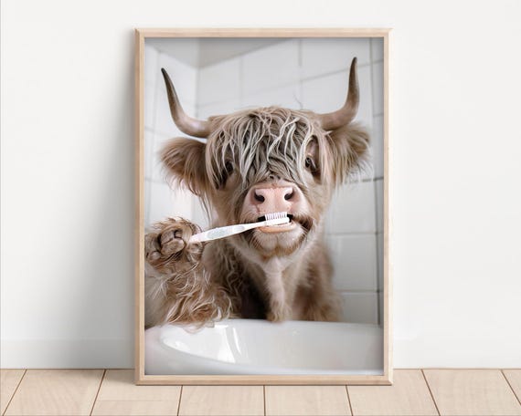 Funny Highland Cow Bathroom Wall Art Poster Print