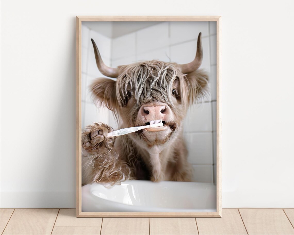 Funny Highland Cow Bathroom Wall Art Poster Print