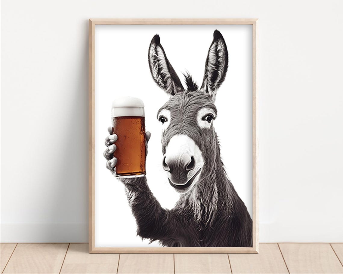 Donkey Holding Beer Glass Black White Smiling Funny Bar Poster