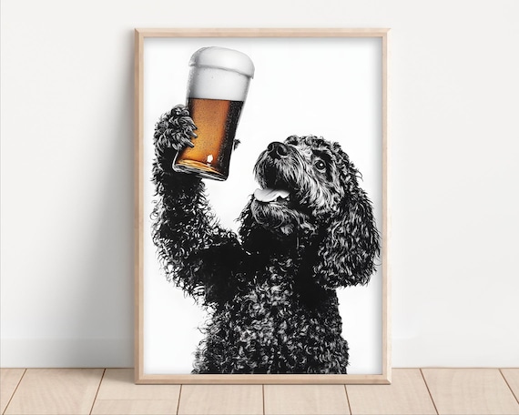 Cockapoo Dog Drinking Beer Poster Or Canvas Lover Decor Alcohol Humor Funny Kitchen Wall Art Owner Gift Home Bar Print