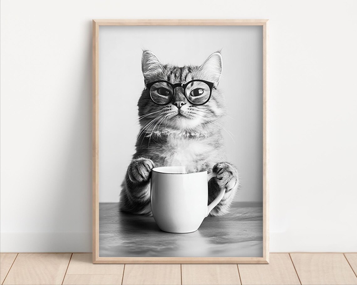 Cat Drinking Coffee Poster, Funny Kitchen Wall Art