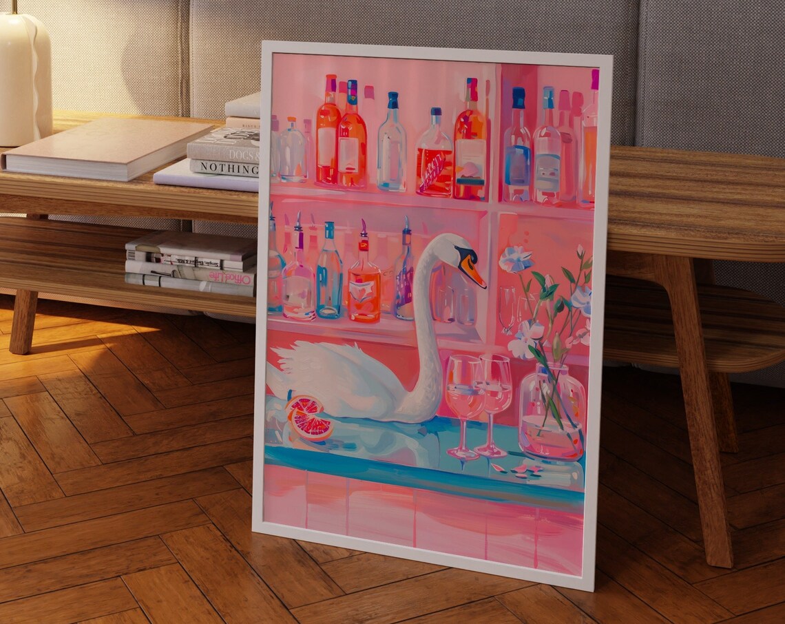 Dreamy Pink Bar Poster with White Swan and Colorful Cocktail Bottles
