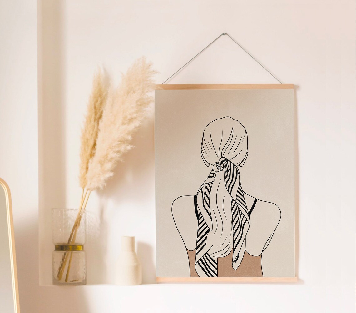 Woman with Striped Scarf Minimalist Elegant Line Drawing Art Poster - Image 2