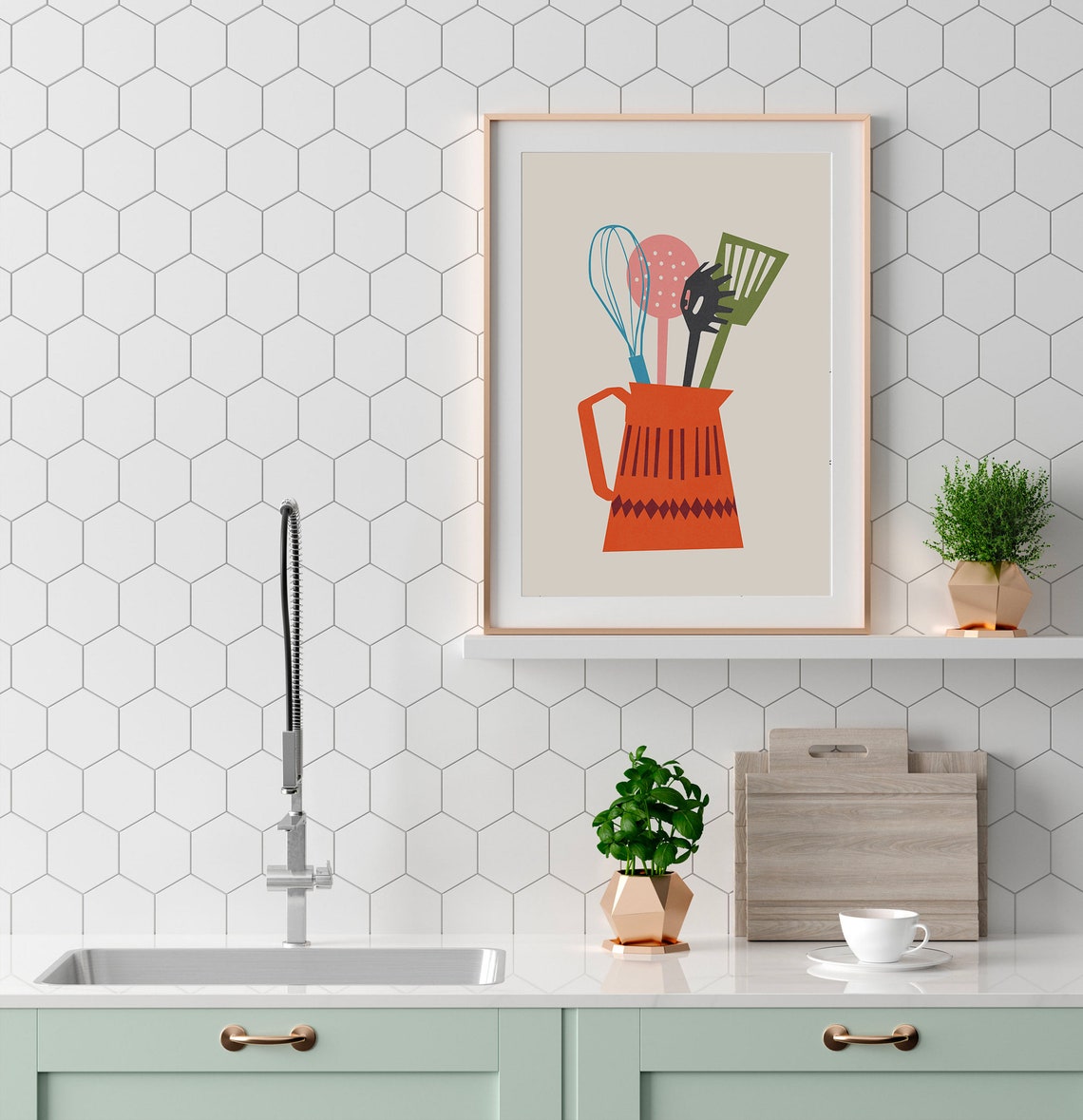 Mid Century Kitchen Utensils Orange Pitcher Retro Wall Poster