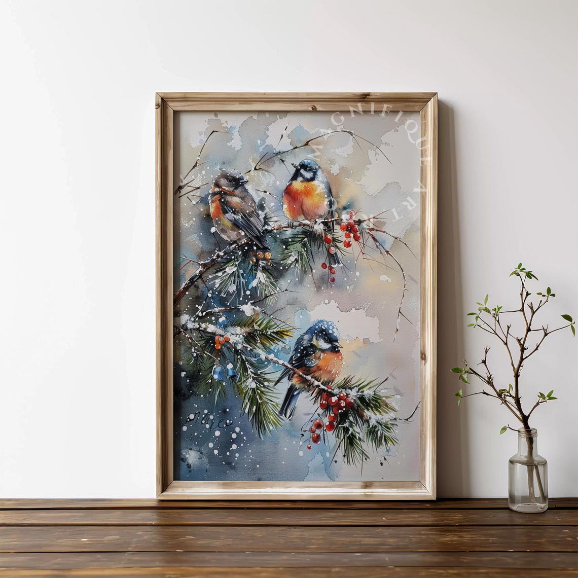 Winter Birds Snowy Pine Branches Red Berries Watercolor Wall Art Print - Image 2