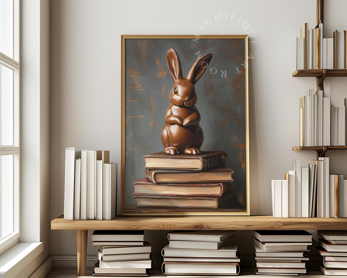 Chocolate Easter Bunny On Stack Of Vintage Books Dark Moody Still Life Poster - Image 2