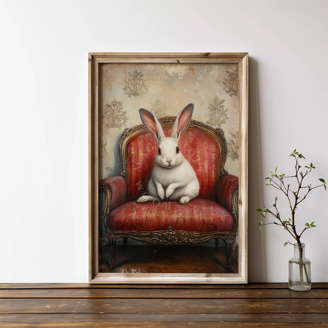 Vintage Easter Bunny, Cute Rabbit on Vintage Sofa - Image 2