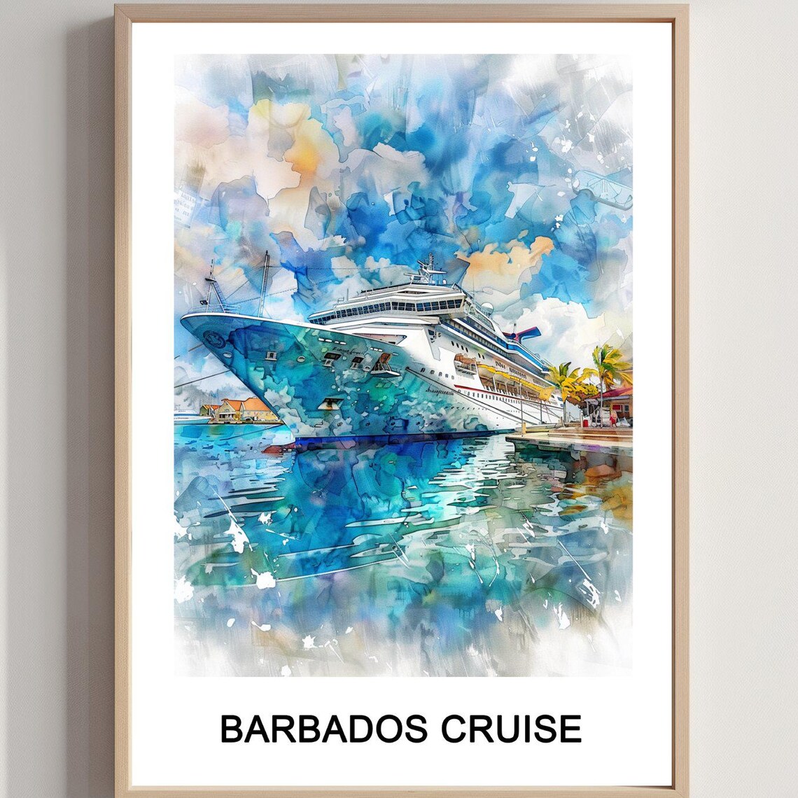 Barbados Cruise Ship Tropical Harbor Watercolor Travel Poster