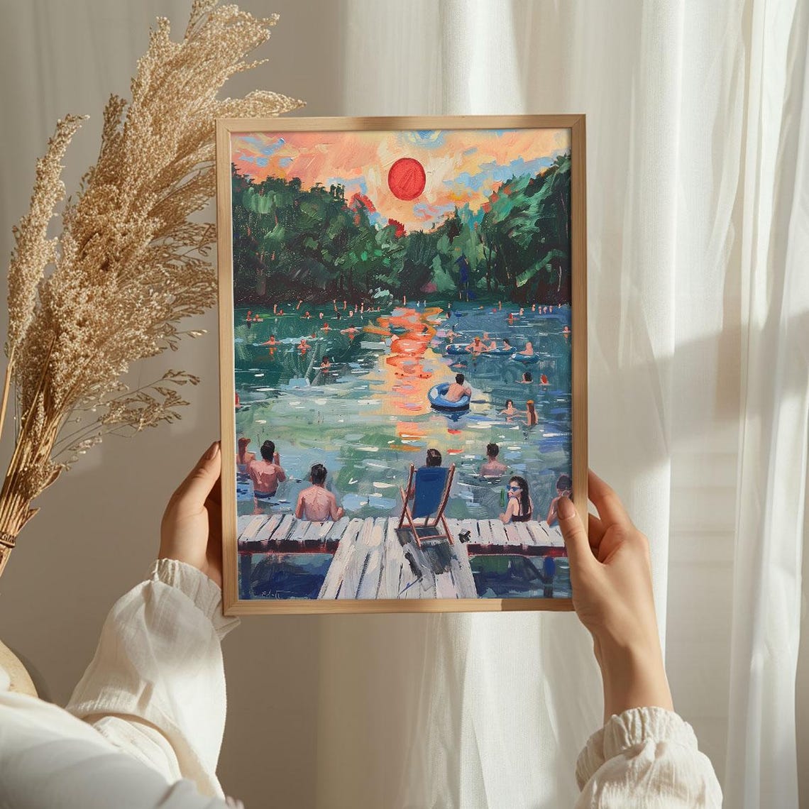 Bright Sunset Lake Swimming Scene Impressionist Painting Poster - Image 3