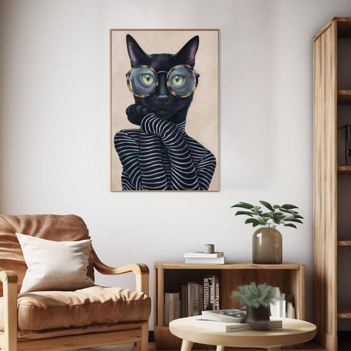 Black Cat in Glasses Striped Turtleneck Funny Intellectual Cat Poster - Image 2