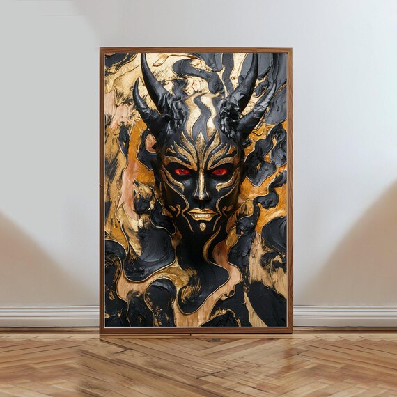 Horned Black Gold Demon Mask Red Eyes Dark Fantasy Art Poster