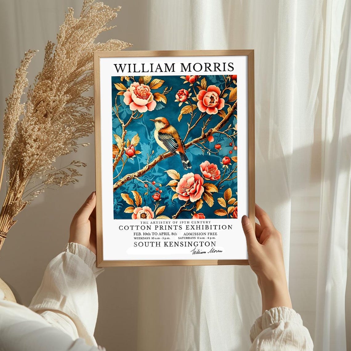 William Morris Songbird Blossom Teal Botanical Exhibition Poster - Image 3