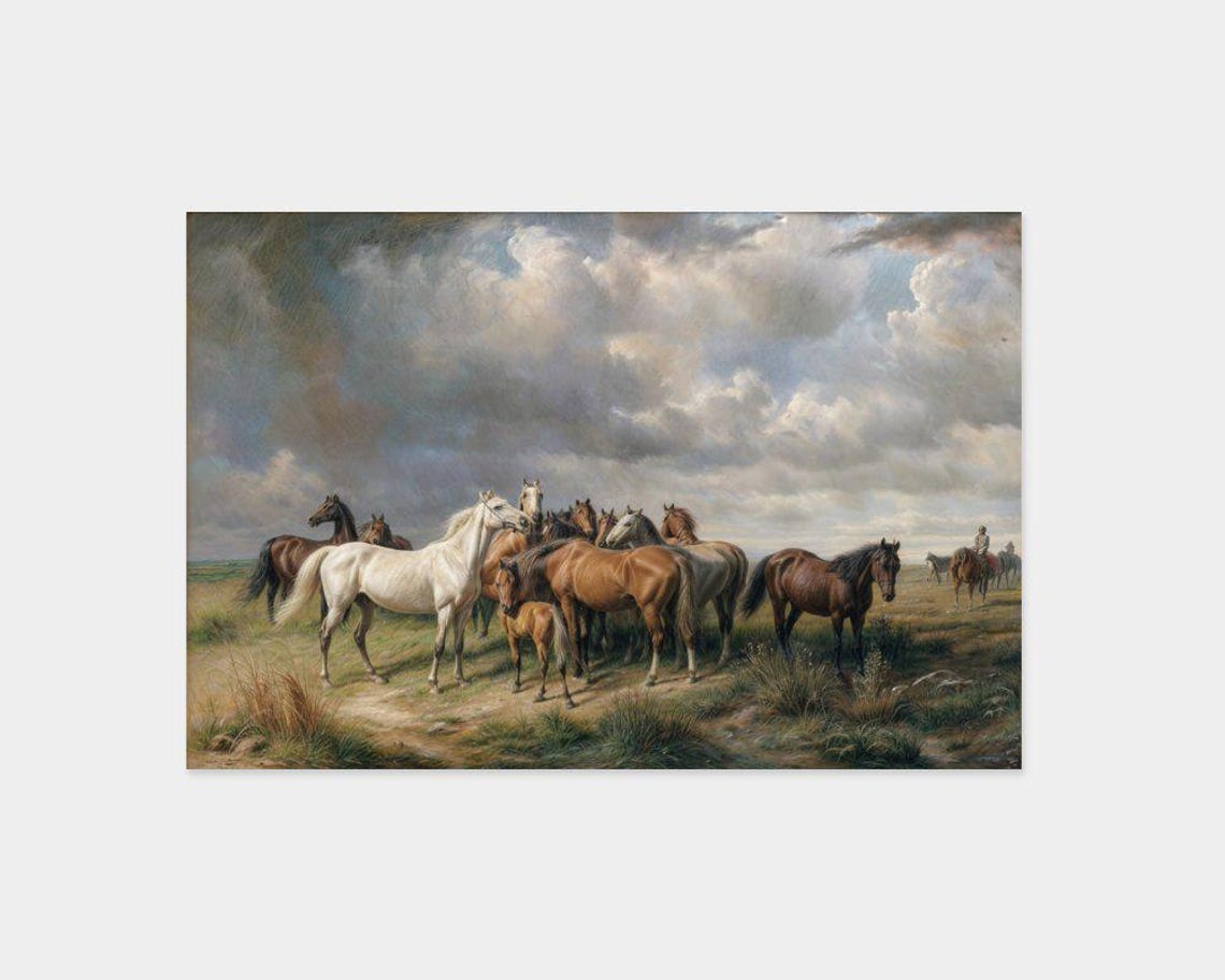 Vintage Horse Herd Pasture Cloudy Sky Classic Equestrian Poster - Image 2