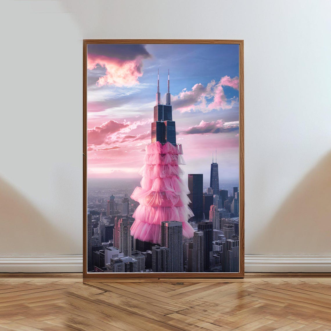 Chicago Tower Pink Gown Surreal Fashion Cityscape Sunset Poster