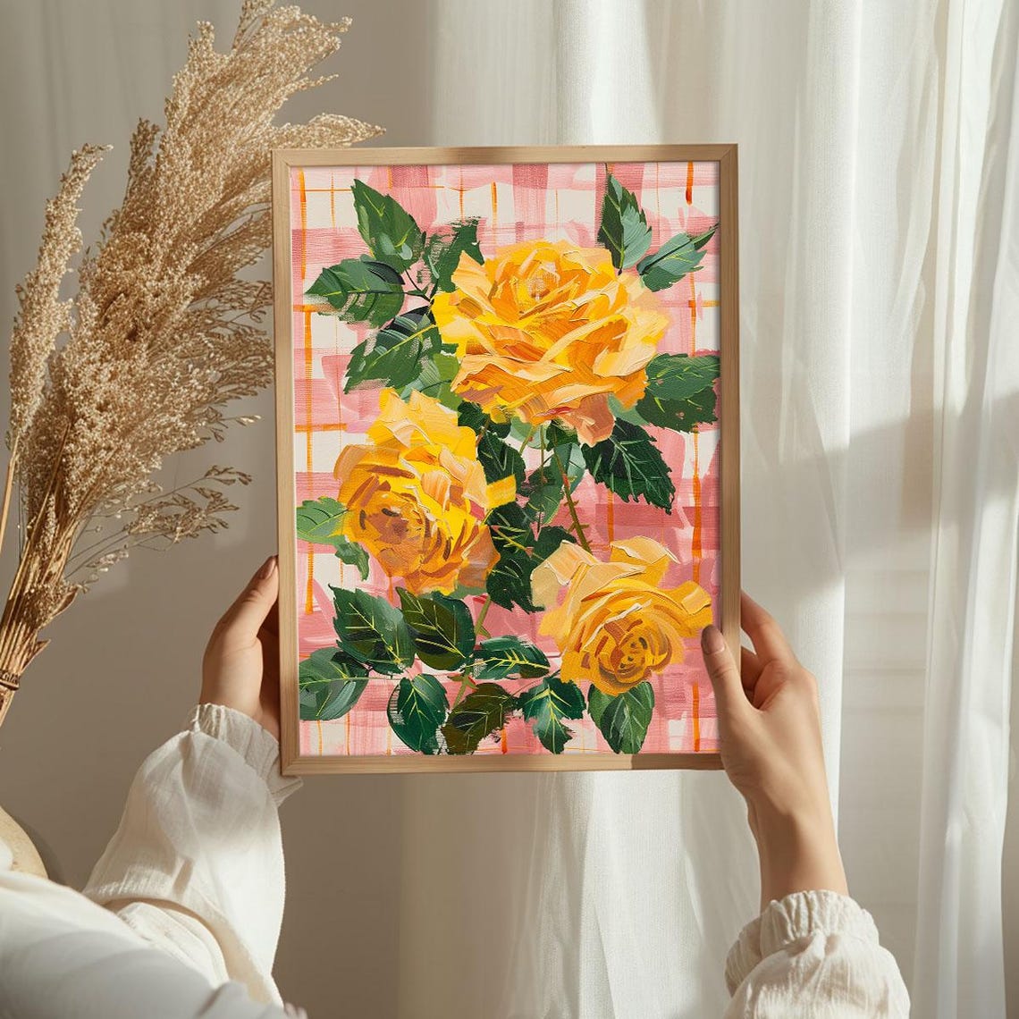 Bright Golden Roses On Pink Gingham Impasto Floral Painting Poster - Image 3