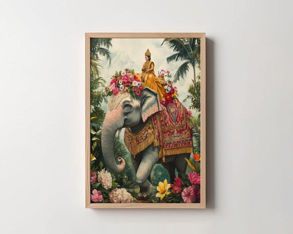 Royal Elephant With Rider In Flower Jungle Exotic Art Poster