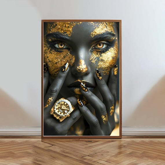 Striking Gold And Black Woman Wall Art Bold And Unique Home Decor Glamorous Face Art Print Luxury Aesthetic Wall Poster
