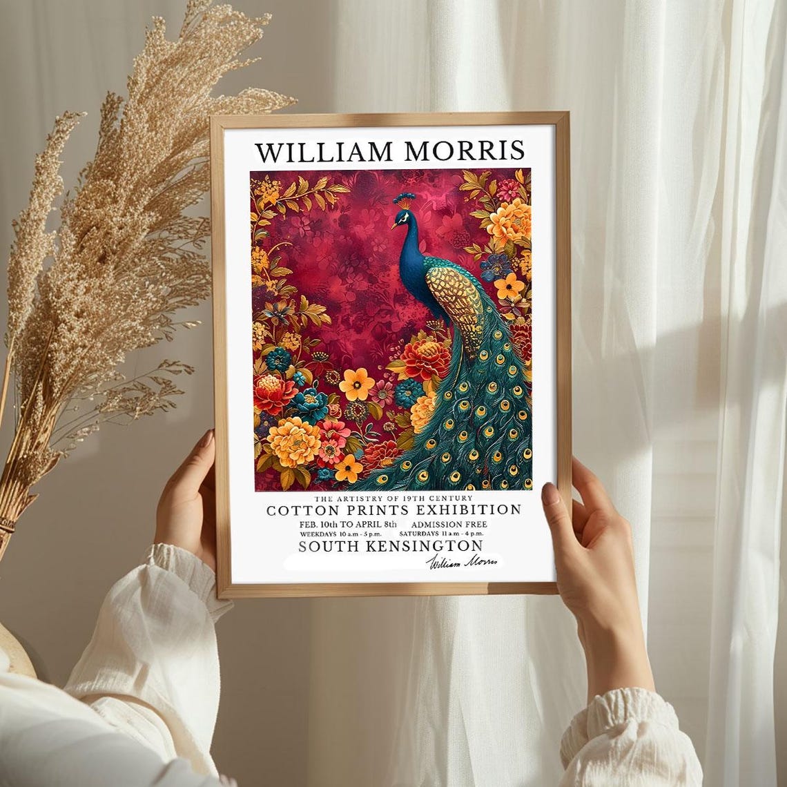 William Morris Peacock Red Background Floral Cotton Prints Art Poster - Image 3