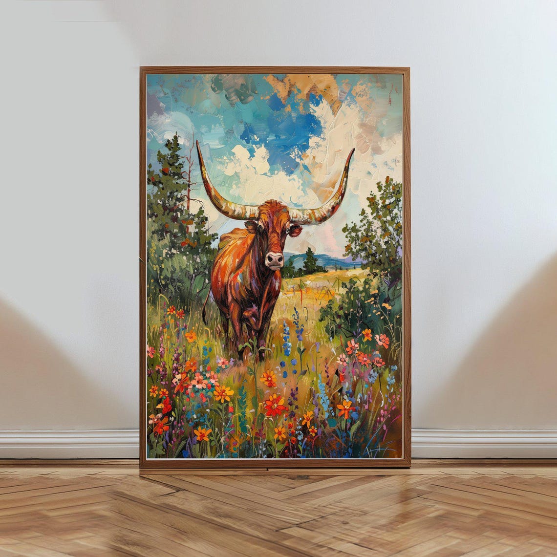 Texas Longhorn Bull Wildflower Field Oil Painting Ranch Poster