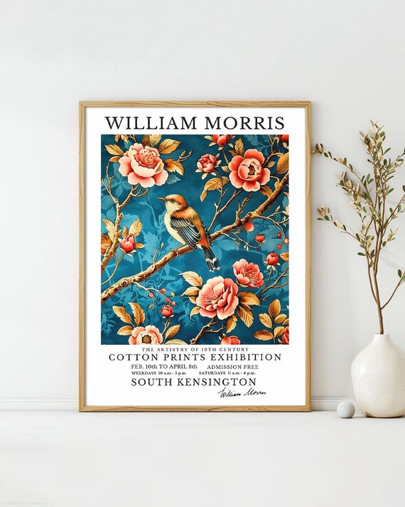William Morris Songbird Blossom Teal Botanical Exhibition Poster