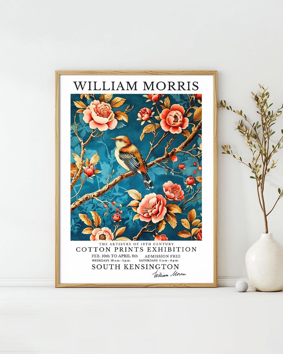 William Morris Songbird Blossom Teal Botanical Exhibition Poster