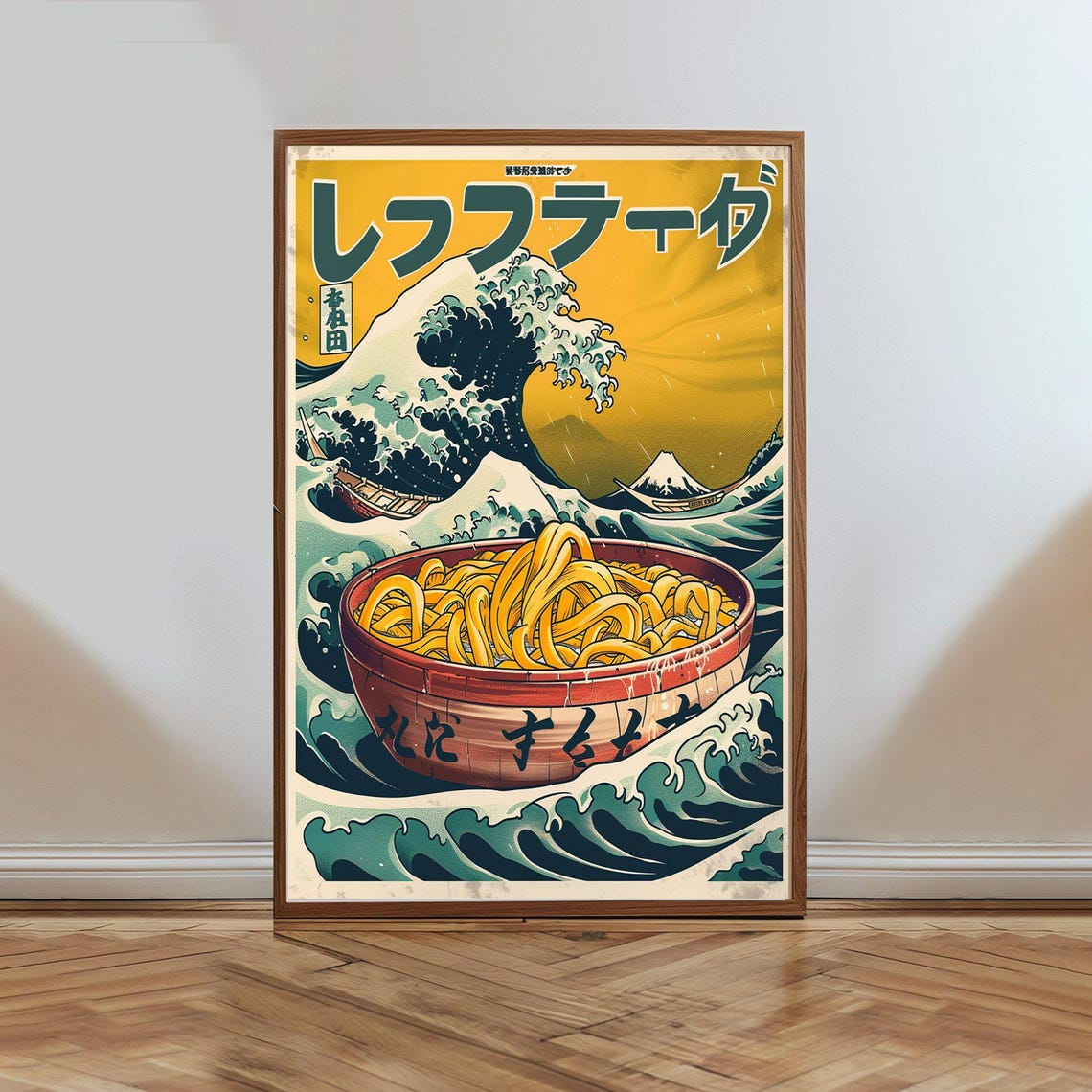 Vintage Japanese Ramen Bowl In Great Wave Retro Noodle Art Poster