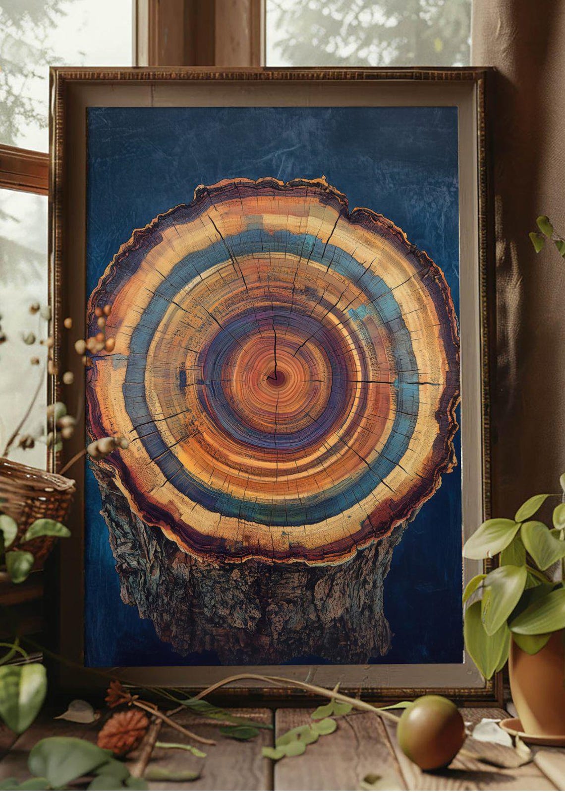 Tree Stump Growth Rings Top View Deep Blue Rustic Nature Poster - Image 2