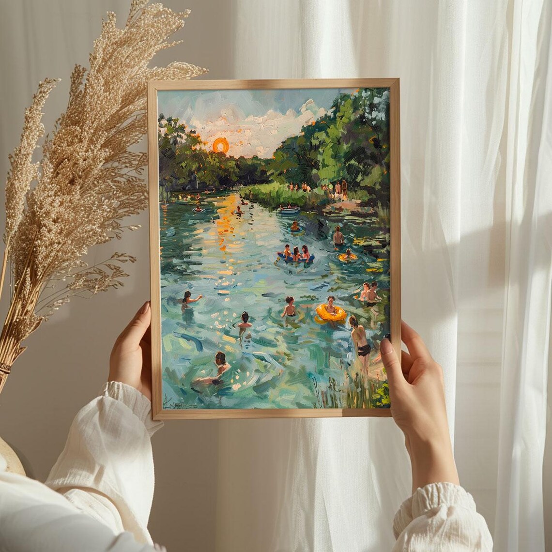 Summer Swim River Swimmers Sunset Impressionist Midcentury Travel Poster - Image 3