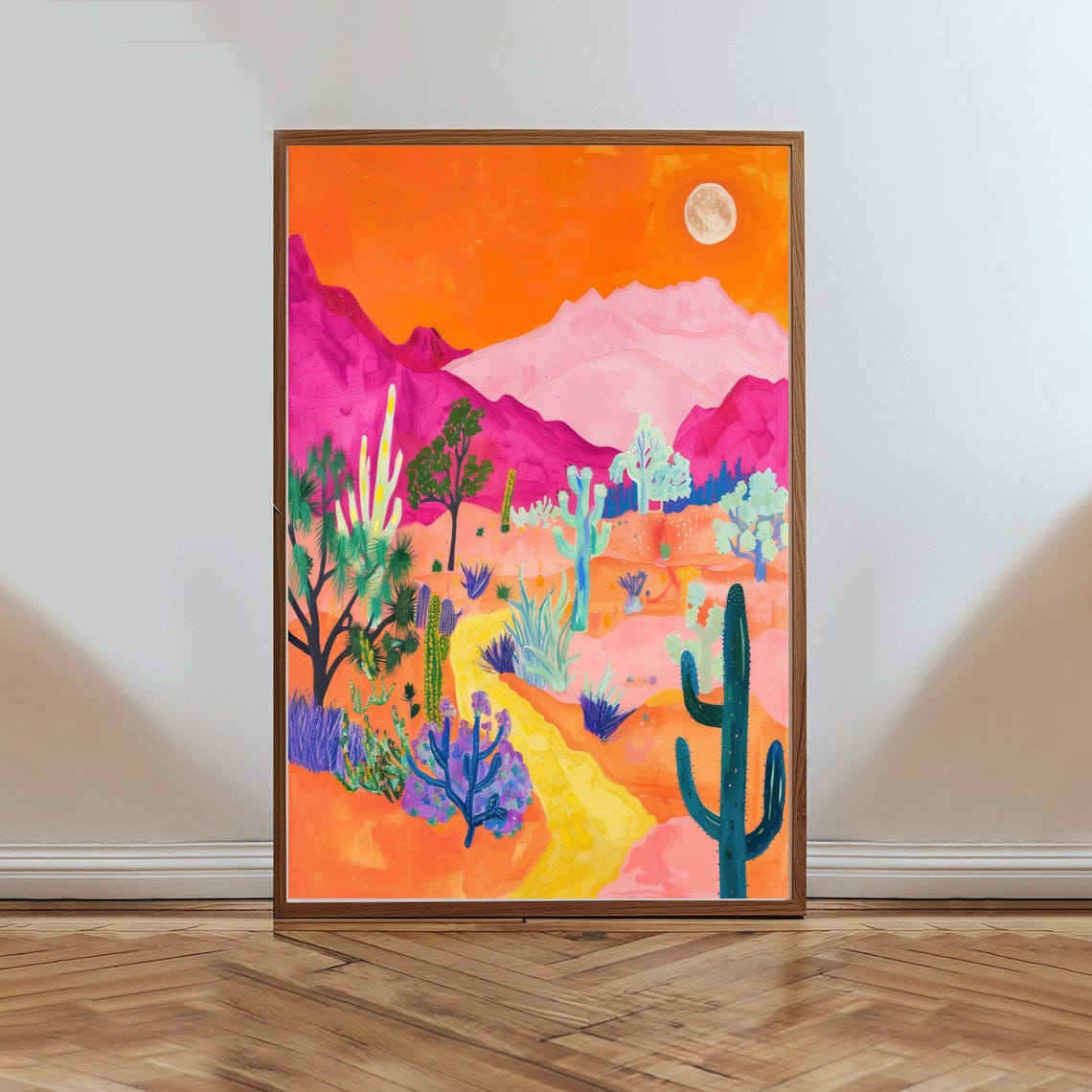 Vivid Orange Sky Desert Mountains Joshua Tree Cactus Art Poster