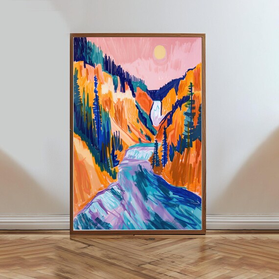 Colorful Mountain River Waterfall Painting Vibrant Nature Scenery Art Print Modern Wall Art Decor For Home Or Office