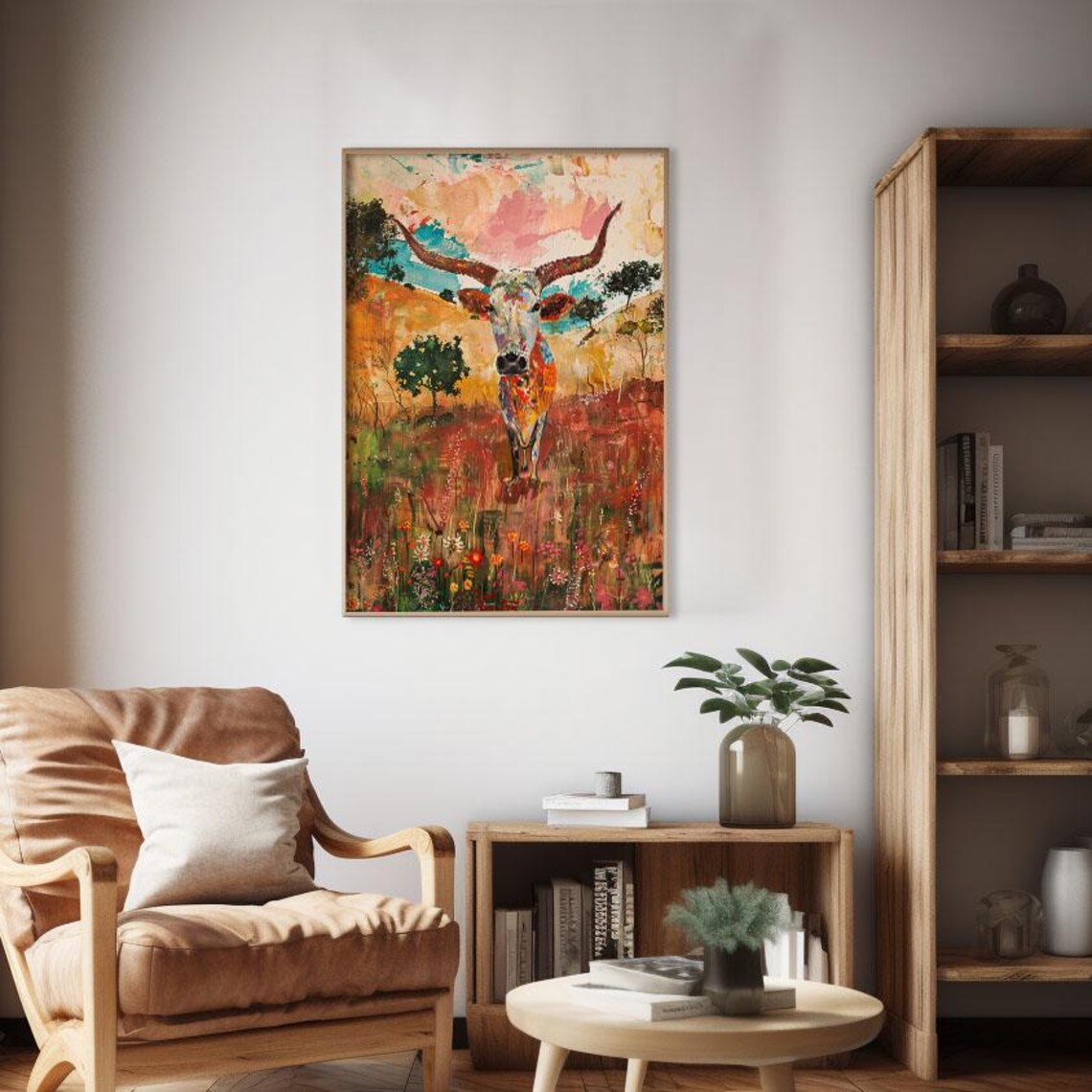 Colorful Longhorn Cow Wildflower Prairie Sunset Painting Poster - Image 2