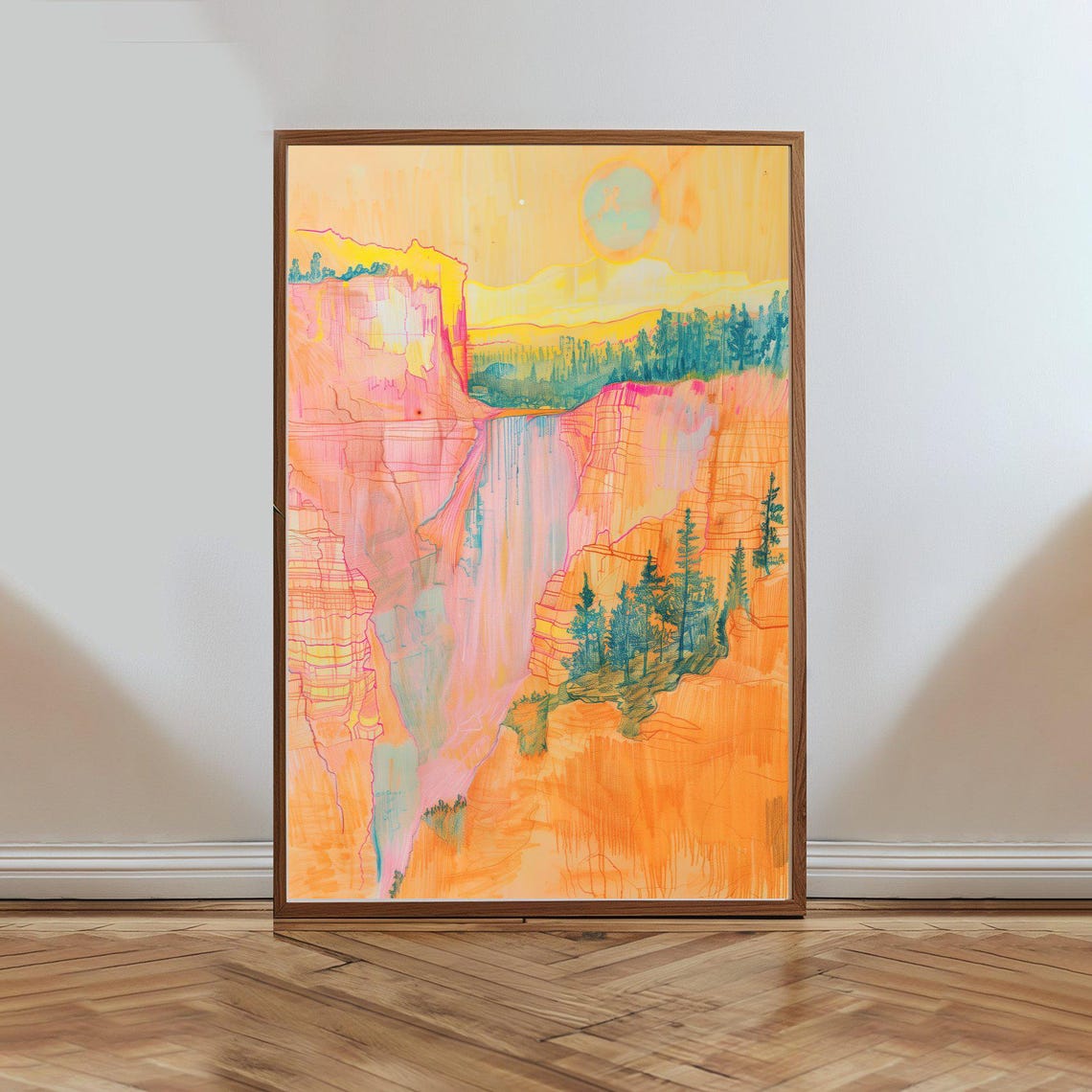 Pastel Peach Canyon Waterfall Soft Line Art Landscape Poster